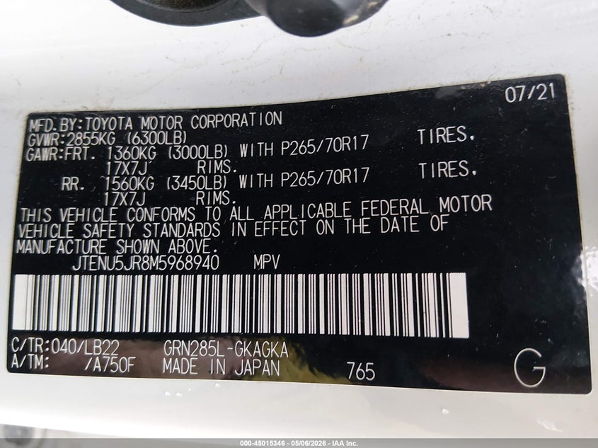 2021 Toyota 4runner VIN JTENU5JR8M5968940 IAAI salvage auction — FRONT END, Salvage (West Virginia), sold $12,350 on 2026-07-09 (photo 9)