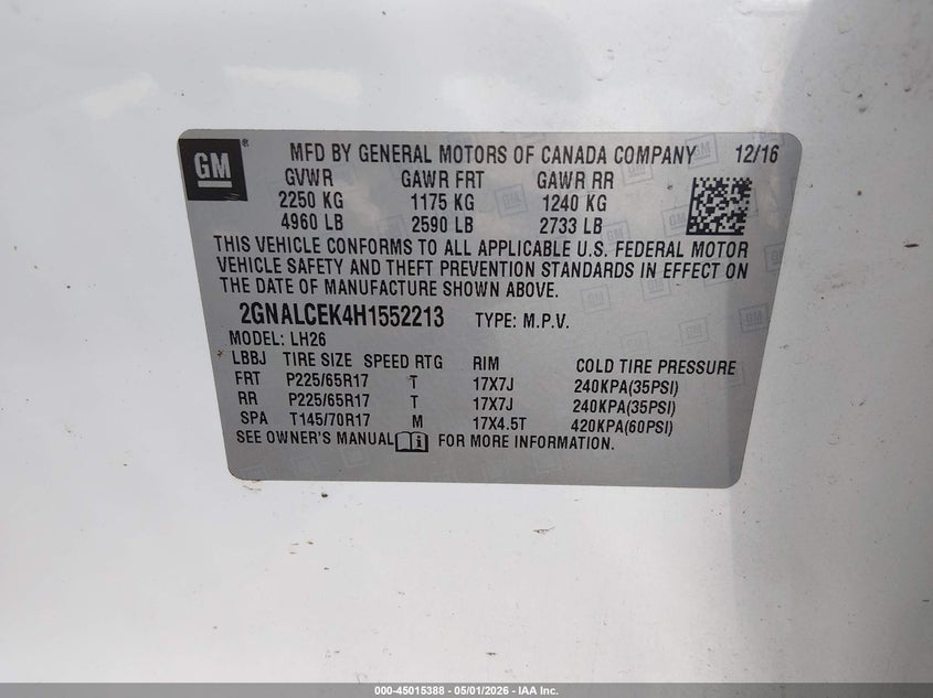 2017 Chevrolet Equinox VIN 2GNALCEK4H1552213 IAAI salvage auction — FRONT END, Wait Title, sold $1,000 on 2026-07-18 (photo 9)