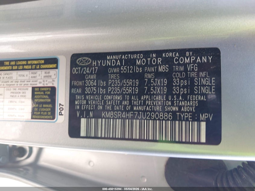 2018 Hyundai Santa fe VIN KM8SR4HF7JU290886 IAAI salvage auction — FRONT END, Original (Texas), sold $2,650 on 2026-07-16 (photo 9)