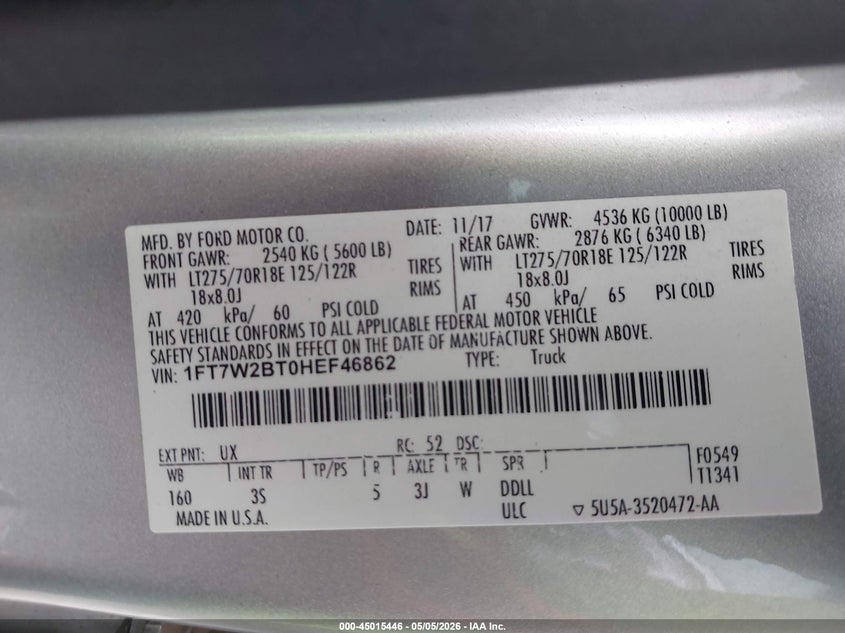 2017 Ford F250 VIN 1FT7W2BT0HEF46862 IAAI salvage auction — FRONT & REAR, Original (Texas), sold $9,700 on 2026-07-29 (photo 9)