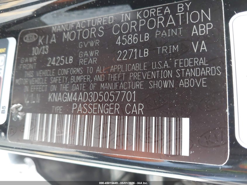 2013 Kia Optima VIN KNAGM4AD3D5057701 IAAI salvage auction — RIGHT FRONT, Wait Title, sold $450 on 2026-07-28 (photo 9)