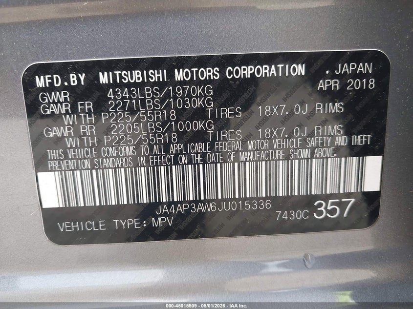 2018 Mitsubishi Outlander VIN JA4AP3AW6JU015336 IAAI salvage auction — FRONT END, Wait Title, sold $525 on 2026-07-17 (photo 9)