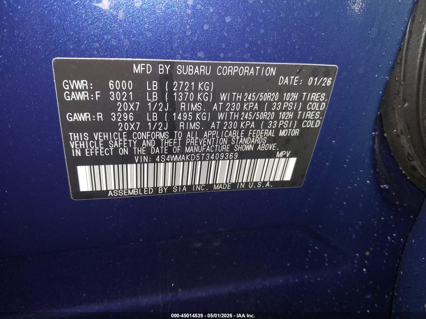 2026 Subaru Ascent VIN 4S4WMAKD5T3409369 IAAI salvage auction — FRONT END, Original (Texas), sold $15,875 on 2026-07-29 (photo 9)