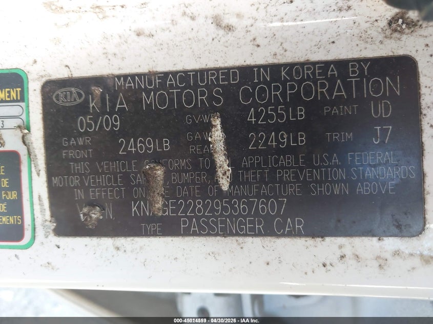 2009 Kia Optima VIN KNAGE228295367607 IAAI salvage auction — FRONT END, Salvage (Idaho), sold $325 on 2026-07-08 (photo 9)