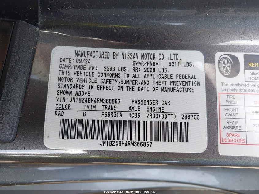 2024 Nissan Z VIN JN1BZ4BH4RM366867 IAAI salvage auction — FRONT END, Wait Title, sold $9,100 on 2026-07-16 (photo 9)