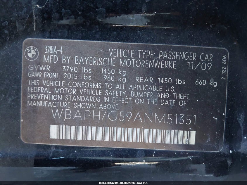 2010 BMW 3 series VIN WBAPH7G59ANM51351 IAAI salvage auction — RIGHT FRONT, Salvage (Idaho), sold $225 on 2026-07-13 (photo 9)