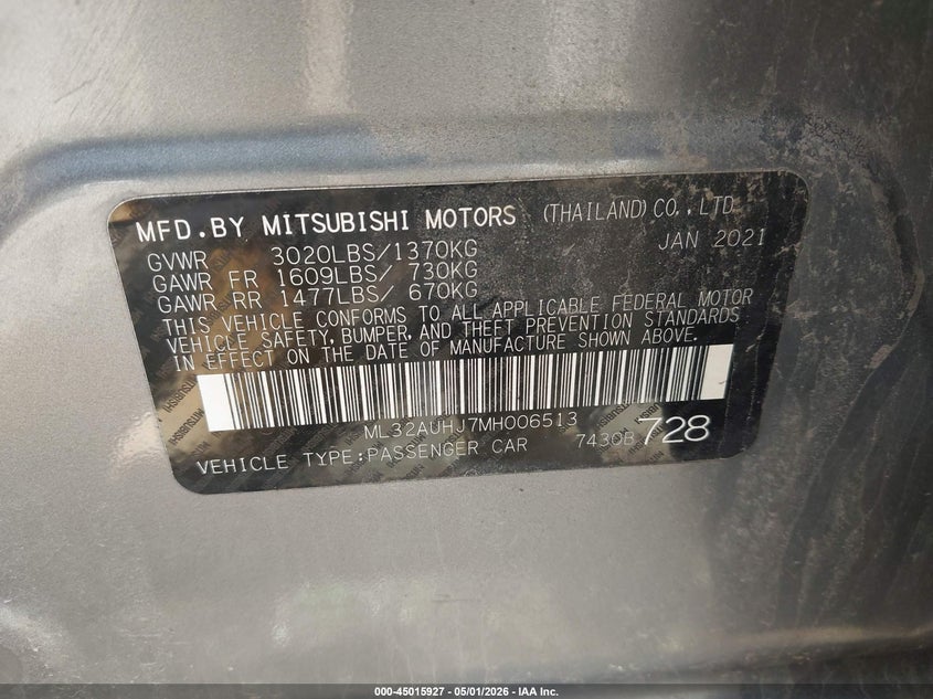 2021 Mitsubishi Mirage VIN ML32AUHJ7MH006513 IAAI salvage auction — FRONT END, Wait Title, sold $625 on 2026-07-08 (photo 9)