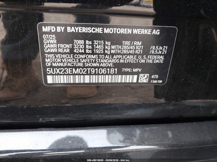 2026 BMW X7 VIN 5UX23EM02T9106181 IAAI salvage auction — REAR END, Mv-907A (New York), sold $12,850 on 2026-07-28 (photo 9)