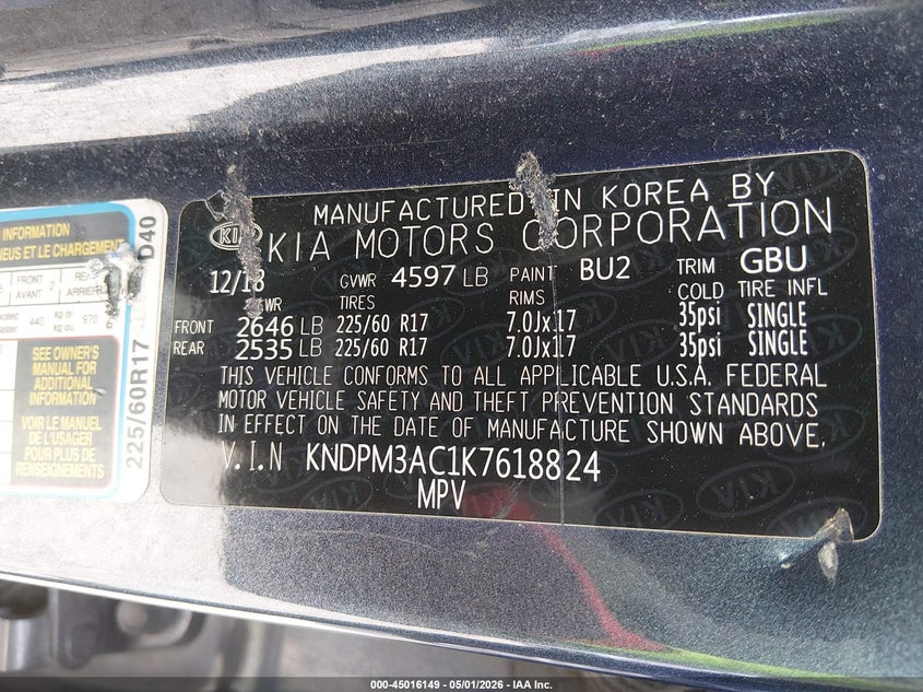 2019 Kia Sportage VIN KNDPM3AC1K7618824 IAAI salvage auction — FRONT END, Original (Kentucky), sold $1,400 on 2026-07-10 (photo 9)