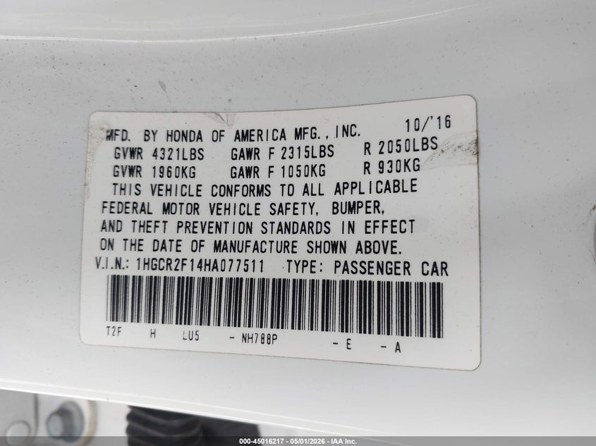 2017 Honda Accord VIN 1HGCR2F14HA077511 IAAI salvage auction — FRONT END, Salvage (California), sold $4,300 on 2026-08-22 (photo 9)