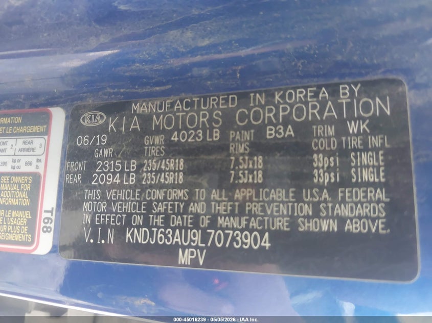 2020 Kia Soul VIN KNDJ63AU9L7073904 IAAI salvage auction — FRONT END, Salvage (Texas), sold $1,350 on 2026-07-28 (photo 9)