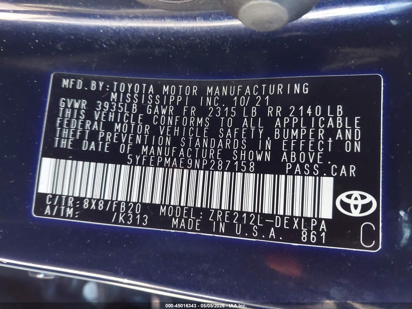 2022 Toyota Corolla VIN 5YFEPMAE9NP287158 IAAI salvage auction — RIGHT FRONT, Salvage (Pennsylvania), sold $4,000 on 2026-07-10 (photo 9)