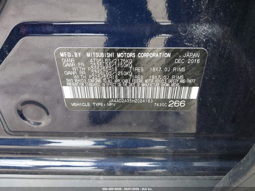 2017 Mitsubishi Outlander VIN JA4AD2A35HZ024163 IAAI salvage auction — FRONT END, Wait Title, sold $25 on 2026-07-28 (photo 9)