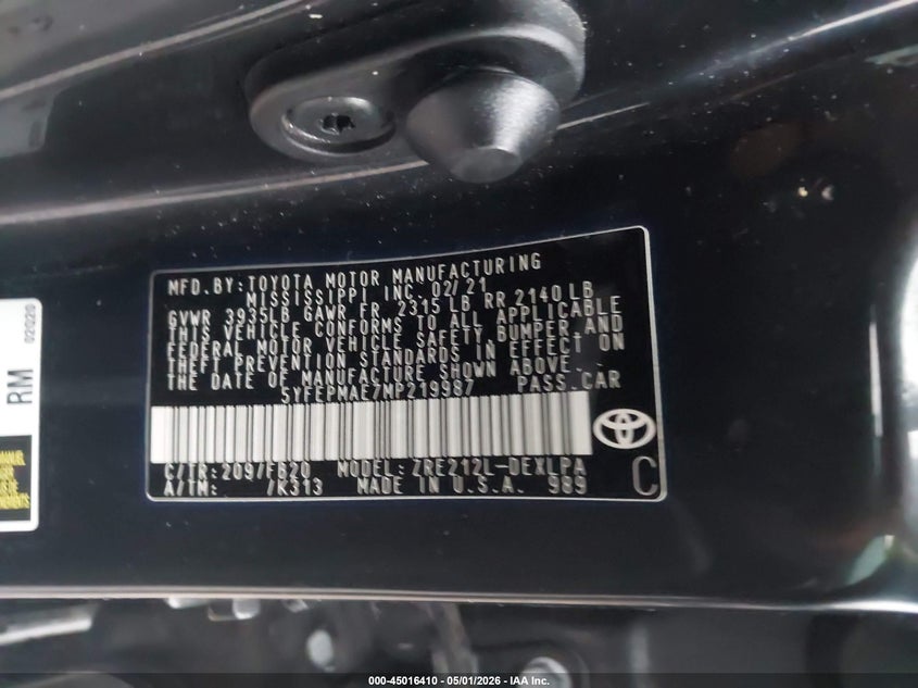 2021 Toyota Corolla VIN 5YFEPMAE7MP219987 IAAI salvage auction — REAR END, Original (Texas), sold $4,050 on 2026-07-15 (photo 9)