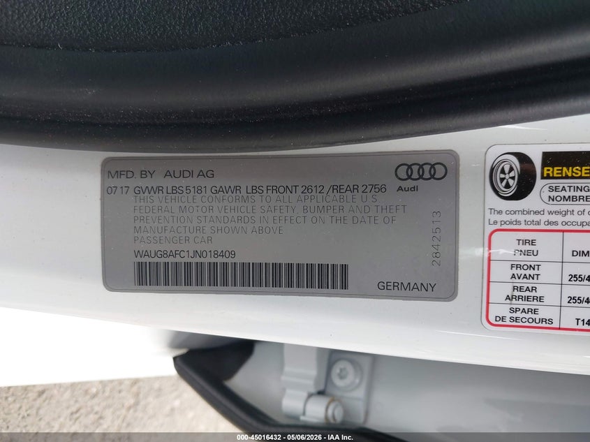 2018 Audi A6 VIN WAUG8AFC1JN018409 IAAI salvage auction — FRONT END, Salvage (Connecticut), sold $2,150 on 2026-07-09 (photo 9)