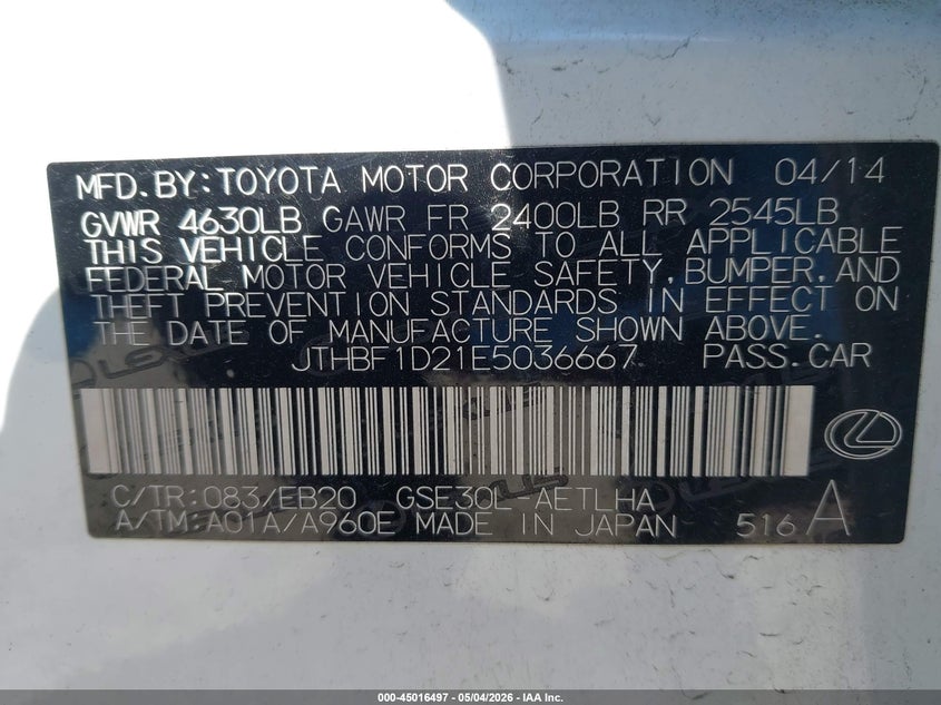 2014 Lexus Is VIN JTHBF1D21E5036667 IAAI salvage auction — FRONT & REAR, Salvage (Idaho), sold $1,800 on 2026-07-14 (photo 9)