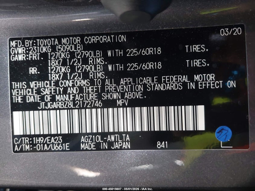 2020 Lexus Nx VIN JTJGARBZ8L2172746 IAAI salvage auction — FRONT END, Wait Title, sold $4,550 on 2026-07-13 (photo 9)