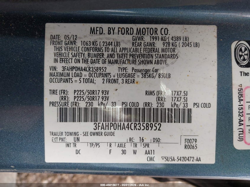 2012 Ford Fusion VIN 3FAHP0HA4CR358952 IAAI salvage auction — SIDE, Salvage (Ohio), sold $275 on 2026-07-19 (photo 9)