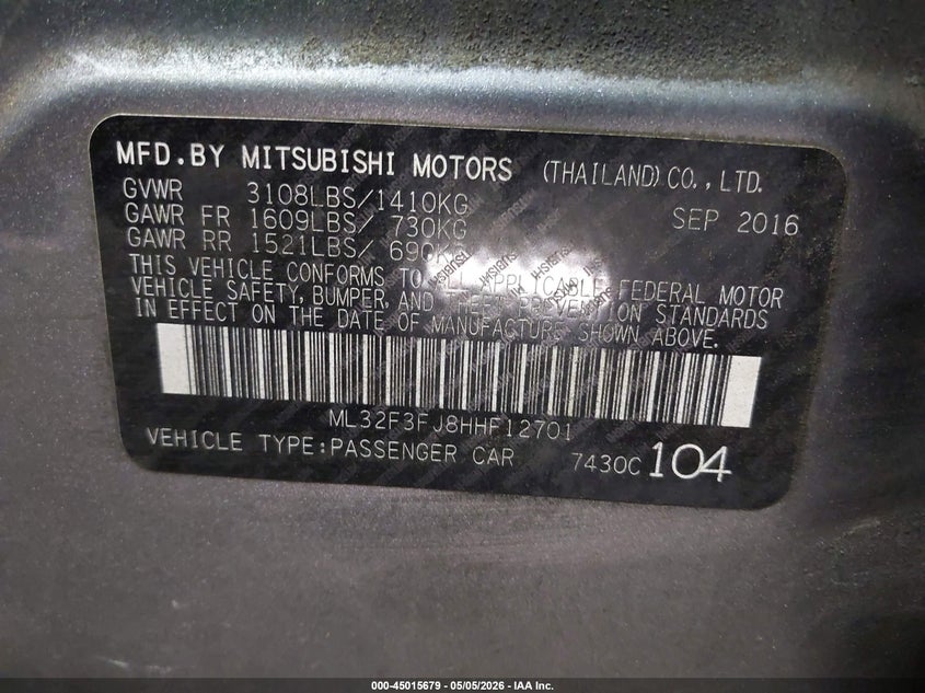 2017 Mitsubishi Mirage VIN ML32F3FJ8HHF12701 IAAI salvage auction — FRONT END, Clear (Virginia), sold $550 on 2026-07-16 (photo 9)