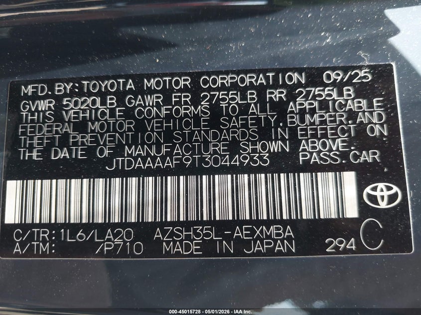 2026 Toyota Crown VIN JTDAAAAF9T3044933 IAAI salvage auction — RIGHT FRONT, Wait Title, sold $15,700 on 2026-07-29 (photo 9)