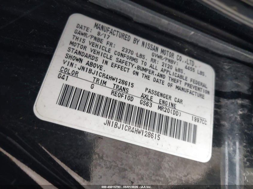 2017 Nissan Rogue VIN JN1BJ1CR4HW128615 IAAI salvage auction — NORMAL WEAR, Original (Ohio), sold $600 on 2026-07-08 (photo 9)
