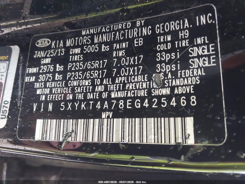 2014 Kia Sorento VIN 5XYKT4A78EG425468 IAAI salvage auction — NORMAL WEAR, Original (Ohio), sold $950 on 2026-07-15 (photo 9)