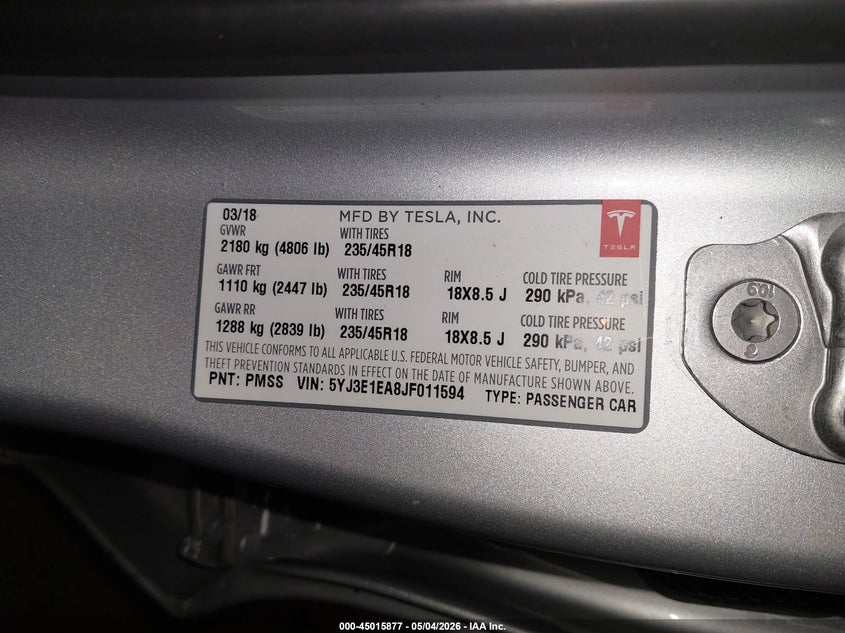 2018 Tesla Model 3 VIN 5YJ3E1EA8JF011594 IAAI salvage auction — LEFT REAR, Salvage (Oregon), sold $5,150 on 2026-07-11 (photo 9)