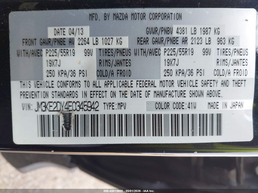 2014 Mazda Cx-5 VIN JM3KE2DY4E0345942 IAAI salvage auction — FRONT END, Original (Texas), sold $2,050 on 2026-07-28 (photo 9)