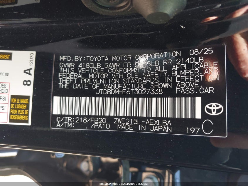 2026 Toyota Corolla VIN JTDBDMHE6T3027338 IAAI salvage auction — FRONT END, Salvage (Idaho), sold $5,600 on 2026-07-29 (photo 9)