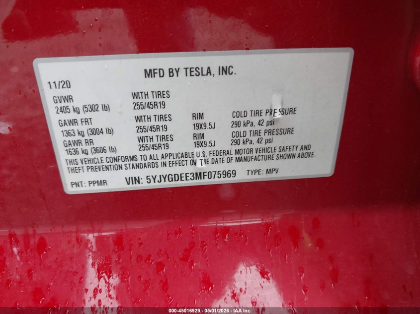 2021 Tesla Model y VIN 5YJYGDEE3MF075969 IAAI salvage auction — SIDE, Clear (South Carolina), sold $8,400 on 2026-07-22 (photo 9)