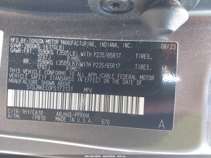 2023 Toyota Sienna VIN 5TDJRKEC0PS173131 IAAI salvage auction — FRONT END, Salvage (New Jersey), sold $17,150 on 2026-07-29 (photo 9)
