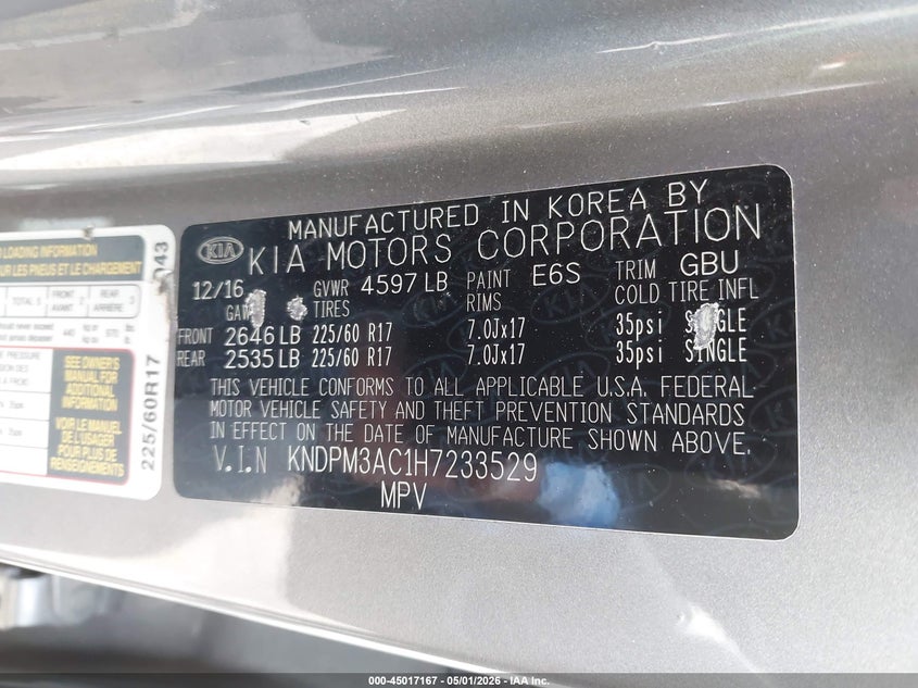 2017 Kia Sportage VIN KNDPM3AC1H7233529 IAAI salvage auction — REAR END, Salvage (North Carolina), sold $2,150 on 2026-07-30 (photo 9)