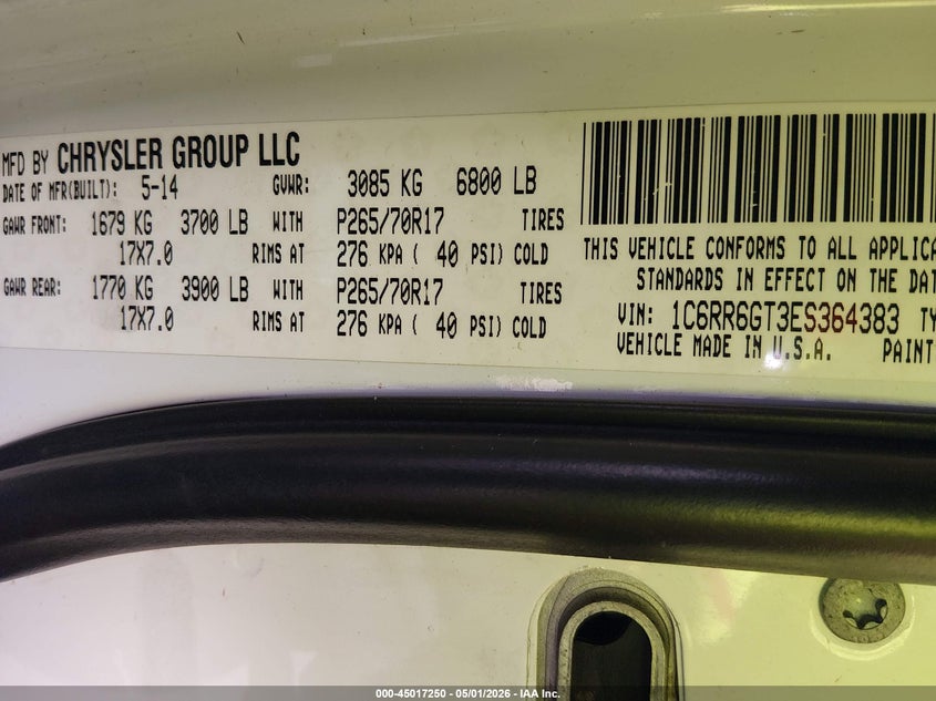 2014 Ram 1500 VIN 1C6RR6GT3ES364383 IAAI salvage auction — REAR END, Clear (Arizona), sold $2,500 on 2026-07-24 (photo 9)