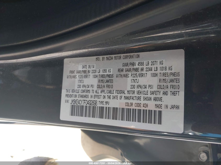 2015 Mazda Cx-5 VIN JM3KE4CY7F0492898 IAAI salvage auction — SIDE, Salvage (Illinois), sold $2,050 on 2026-07-14 (photo 9)