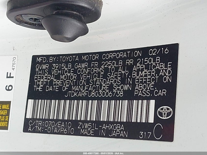 2016 Toyota Prius VIN JTDKARFU8G3006738 IAAI salvage auction — FRONT & REAR, Salvage (Texas), sold $2,050 on 2026-07-28 (photo 9)