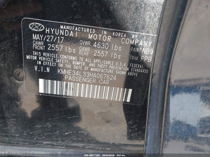 2017 Hyundai Sonata VIN KMHE34L33HA067624 IAAI salvage auction — FRONT END, Original (Texas), sold $2,775 on 2026-07-07 (photo 9)