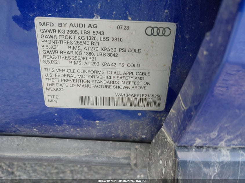 2023 Audi Sq5 VIN WA1B4AFY1P2185250 IAAI salvage auction — FRONT END, Bill Of Sale (Alaska), sold $5,700 on 2026-07-10 (photo 9)