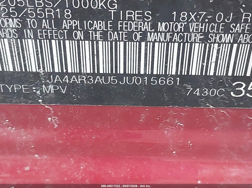 2018 Mitsubishi Outlander VIN JA4AR3AU5JU015661 IAAI salvage auction — FRONT END, Clear (Virginia), sold $575 on 2026-07-18 (photo 9)