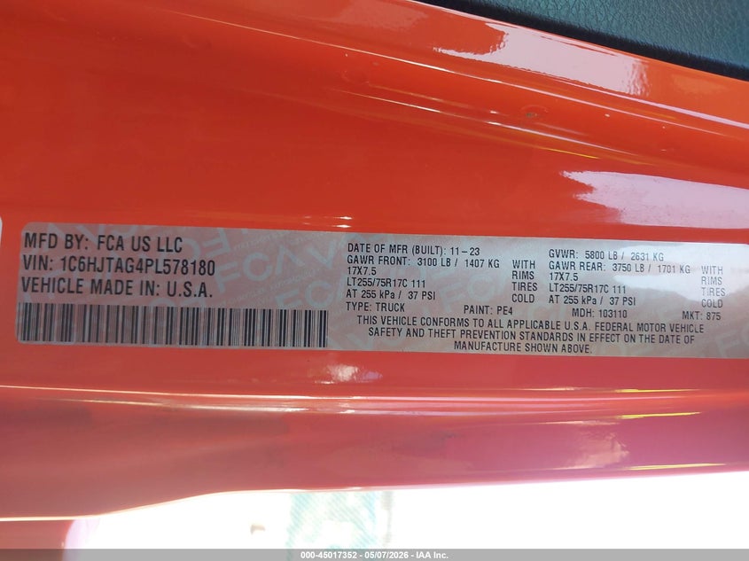 2023 Jeep Gladiator VIN 1C6HJTAG4PL578180 IAAI salvage auction — RIGHT FRONT, Salvage (Indiana), sold $13,900 on 2026-07-28 (photo 9)