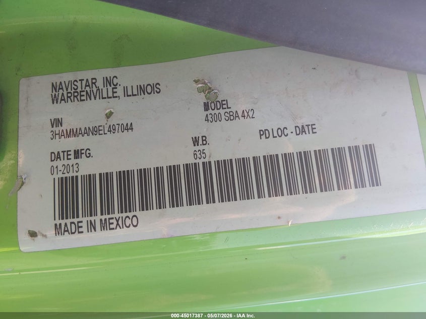 2014 International VIN 3HAMMAAN9EL497044 IAAI salvage auction — NORMAL WEAR, Clear (California), sold $100 on 2026-07-22 (photo 8)