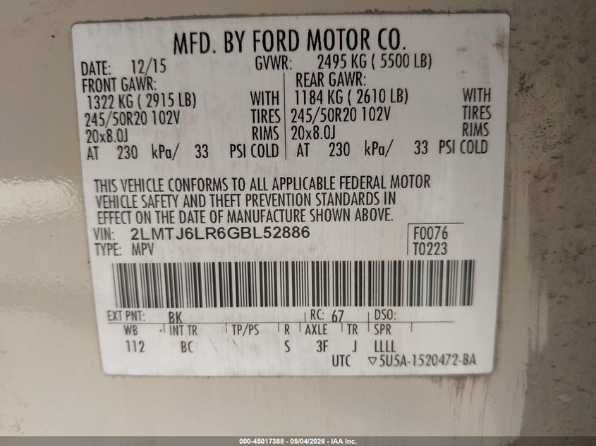 2016 Lincoln Mkx VIN 2LMTJ6LR6GBL52886 IAAI salvage auction — SIDE, Wait Title, sold $1,350 on 2026-07-12 (photo 9)