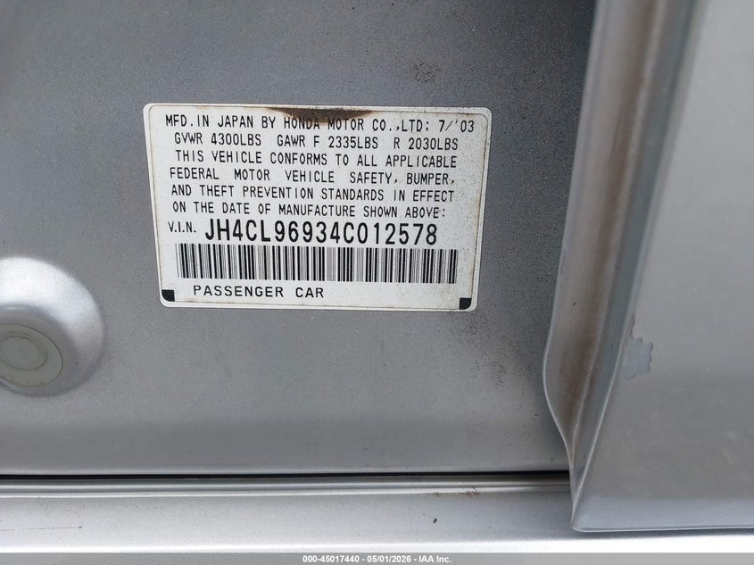 2004 Acura Tsx VIN JH4CL96934C012578 IAAI salvage auction — NORMAL WEAR, Clear (Georgia), sold $425 on 2026-07-29 (photo 9)