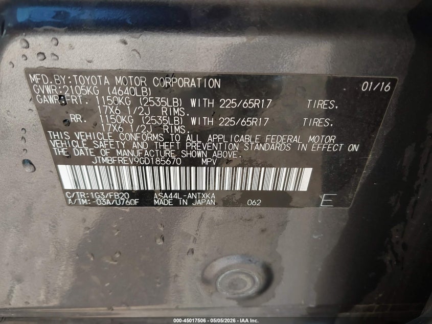 2016 Toyota Rav 4 VIN JTMBFREV9GD185670 IAAI salvage auction — FRONT END, Salvage (Oregon), sold $3,575 on 2026-07-15 (photo 9)