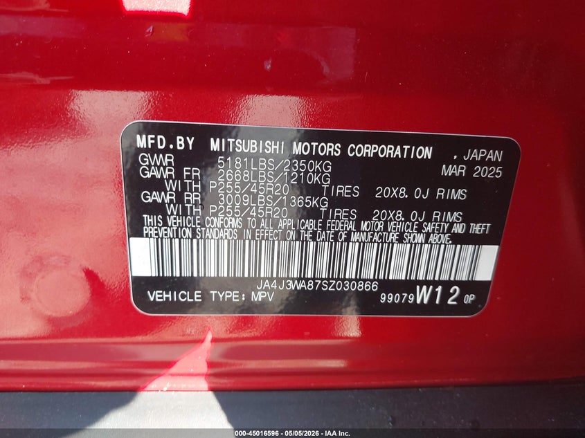 2025 Mitsubishi Outlander VIN JA4J3WA87SZ030866 IAAI salvage auction — RIGHT FRONT, Salvage (Georgia), sold $7,200 on 2026-07-20 (photo 9)