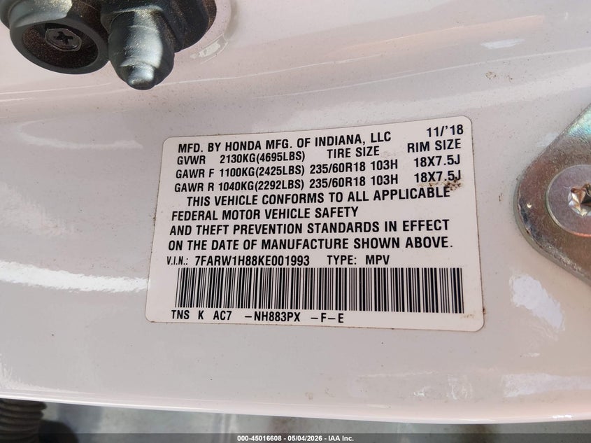 2019 Honda Cr-v VIN 7FARW1H88KE001993 IAAI salvage auction — FRONT END, Salvage (Georgia), sold $3,000 on 2026-07-17 (photo 9)