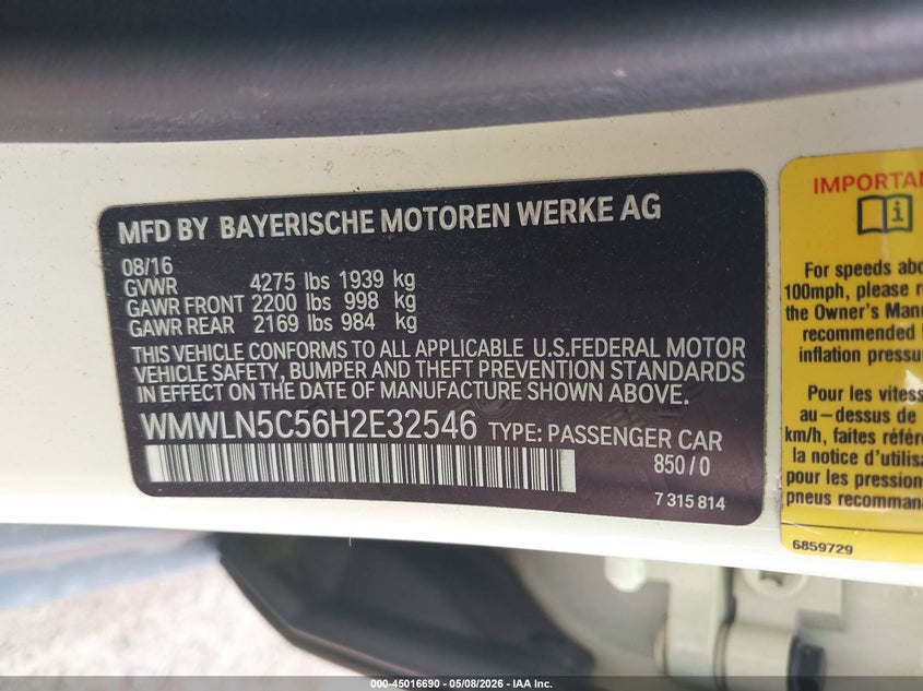 2017 Mini Clubman VIN WMWLN5C56H2E32546 IAAI salvage auction — FRONT END, Clear (Michigan), sold $850 on 2026-07-23 (photo 9)