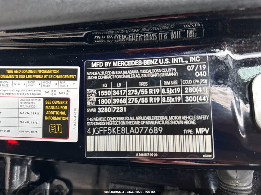 2020 Mercedes-benz Gls-class VIN 4JGFF5KE8LA077689 IAAI salvage auction — NORMAL WEAR, Clear (Virginia), sold $20,000 on 2026-07-08 (photo 9)