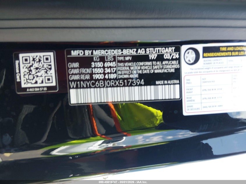 2024 Mercedes-benz G-klasse VIN W1NYC6BJ0RX517394 IAAI salvage auction — LEFT FRONT, Wait Title, sold $65,500 on 2026-07-27 (photo 9)