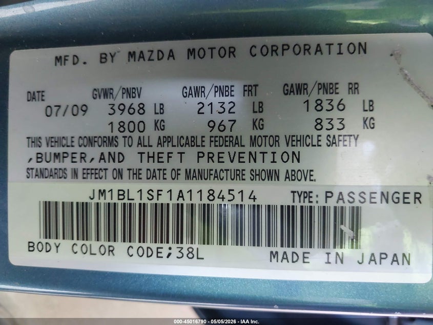 2010 Mazda 3 VIN JM1BL1SF1A1184514 IAAI salvage auction — FRONT END, Mv-907A (New York), sold $400 on 2026-07-08 (photo 9)