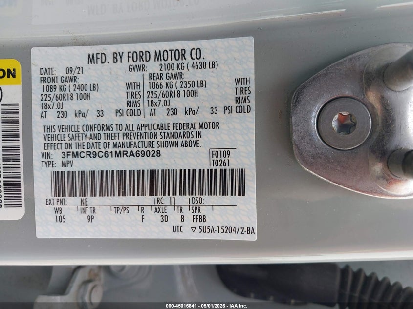 2021 Ford Bronco sport VIN 3FMCR9C61MRA69028 IAAI salvage auction — FRONT END, Wait Title, sold $3,500 on 2026-07-20 (photo 9)